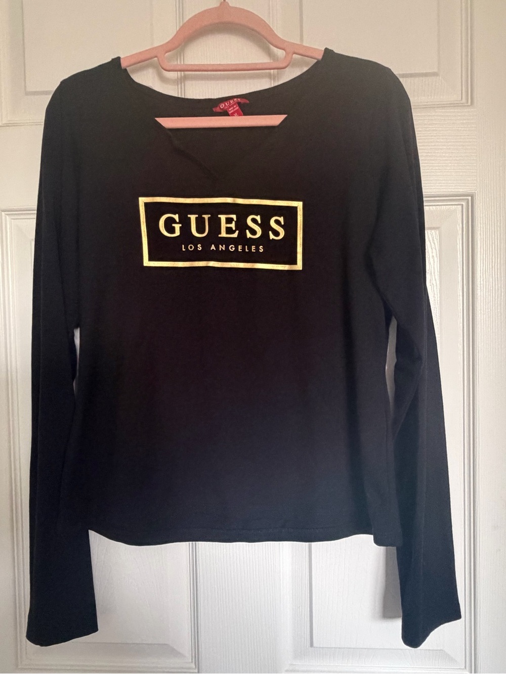 GUESS Black Long-Sleeve Top with Gold Logo Box